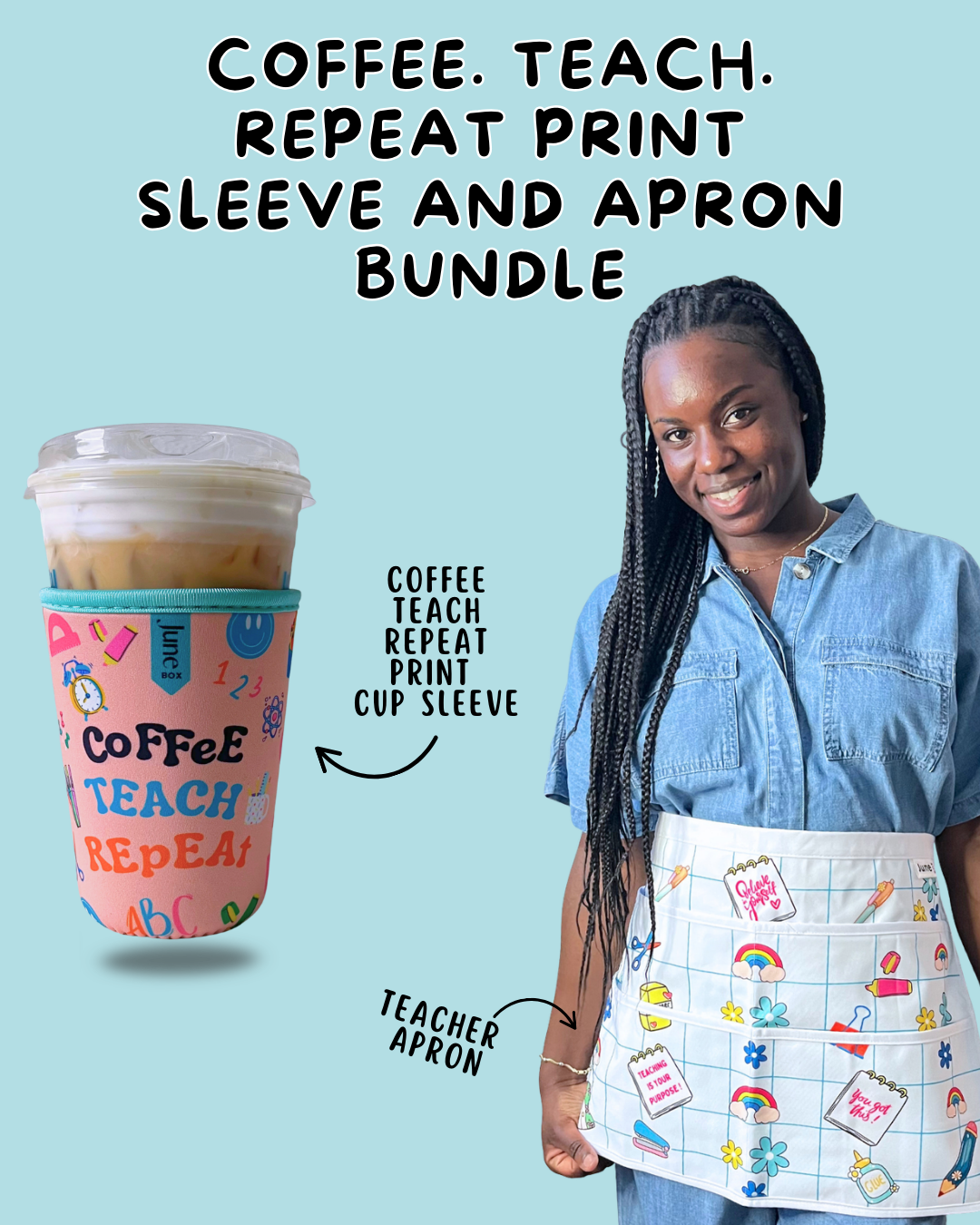 Cup Sleeve + Teacher Essential Print Apron Bundle